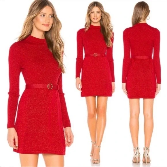 Free People French Girl Belted Sweater Dress Size Large Sparkly Red - Picture 2 of 4